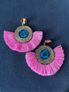 J.Crew Pink Fringe Statement Earrings | Gold & Blue Detail
